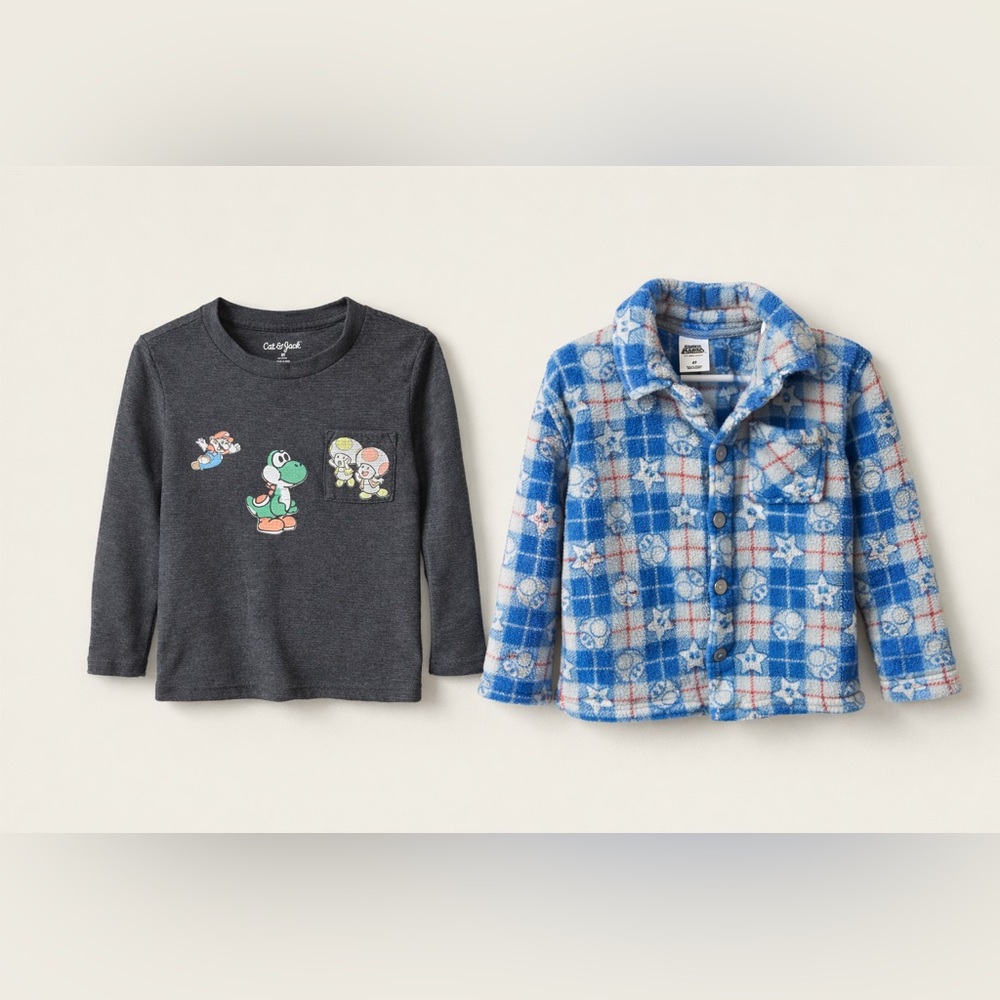 Nintendo Blue Super Mario Plaid Fleece Kids Jacket and Cat & Jack graphic tee